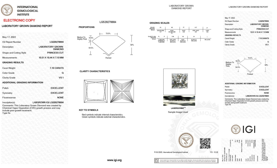 Diamante cultivado en laboratorio de talla princesa de 7,10 quilates con certificación IGI | Color G | Claridad VS1