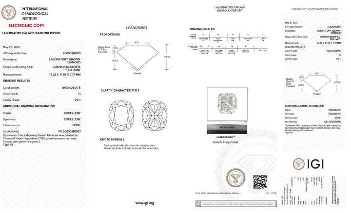 رائع 10.03 CT CUSHION CUSH CUST BALLEMOND MAIMOND: IGI Certified ، VS1 Clarity ، G Color