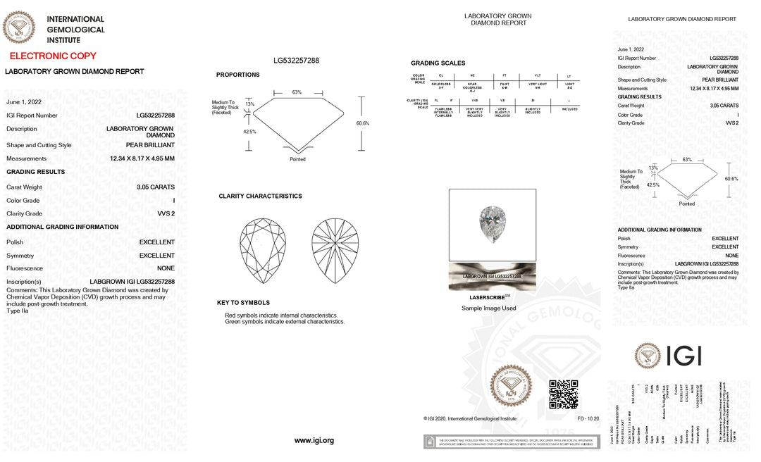 Diamant cultivé en laboratoire certifié IGI 3,05 CT taille poire - Couleur VVS2 I