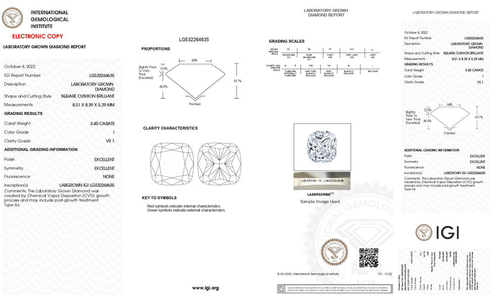 Diamant cultivé en laboratoire certifié IGI 3,40 CT taille coussin - Couleur I, clarté VS1