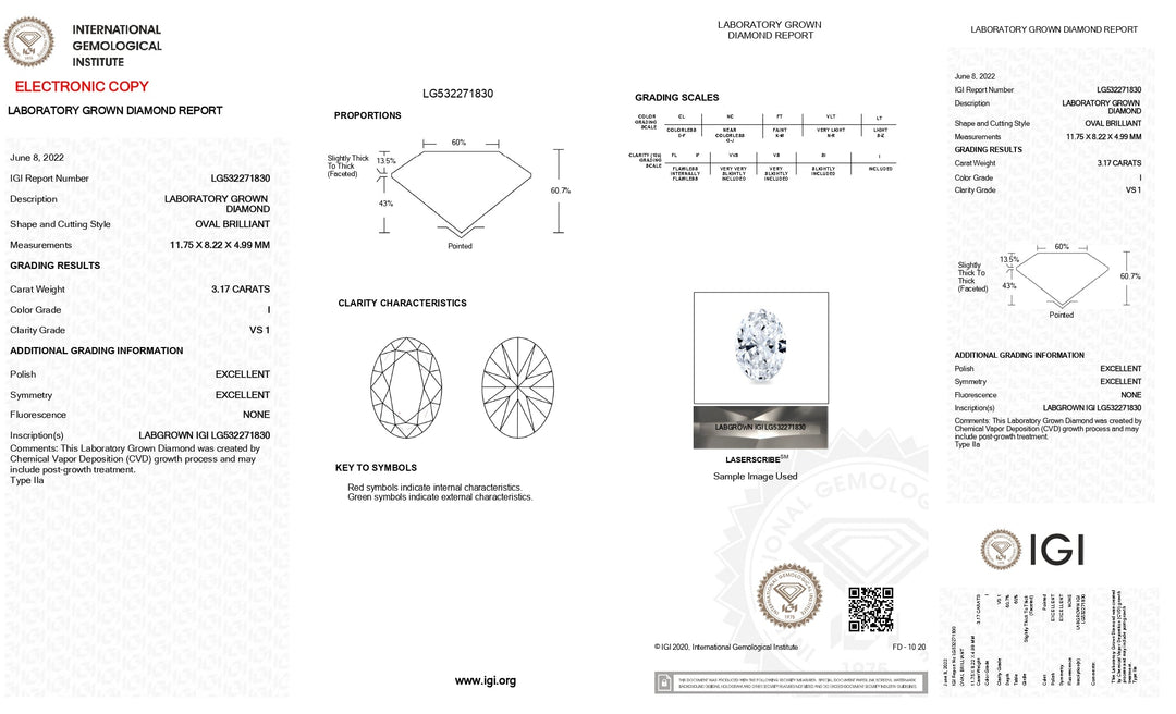 Diamant cultivé en laboratoire de taille ovale certifié IGI de 3,17 CT | Clarté VS1 | Je colore