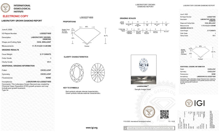 Diamant cultivé en laboratoire de taille ovale certifié IGI de 3,17 CT | Clarté VS1 | Je colore