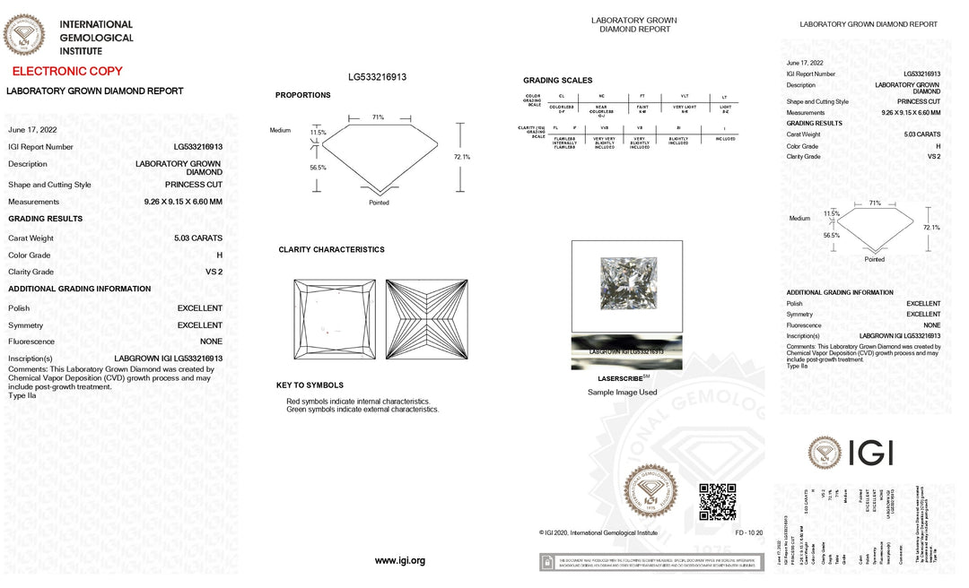 IGI Certified 5.03 Carat Princess Cut Lab-Grown Diamond, H Color, VS2 Clarity