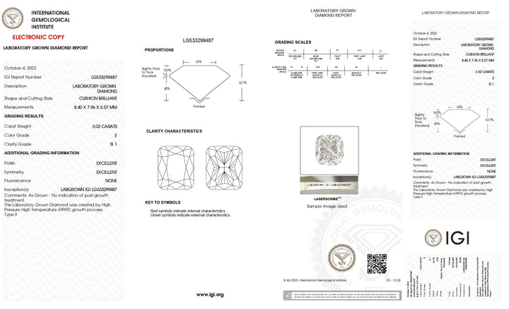 IGI Certified 3.02 CT Cushion Cut Lab-Grown Diamond - SI1 Clarity, E Color