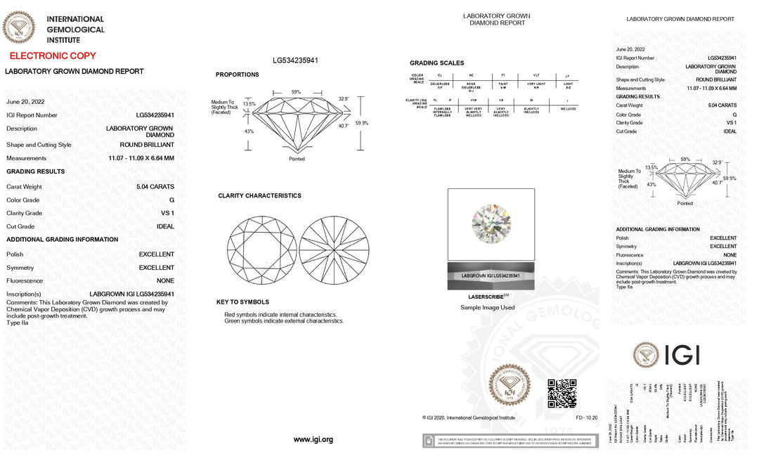 5.04 CT Round Cut Lab-Grown Diamond - IGI Certified, G Color, VS1 Clarity