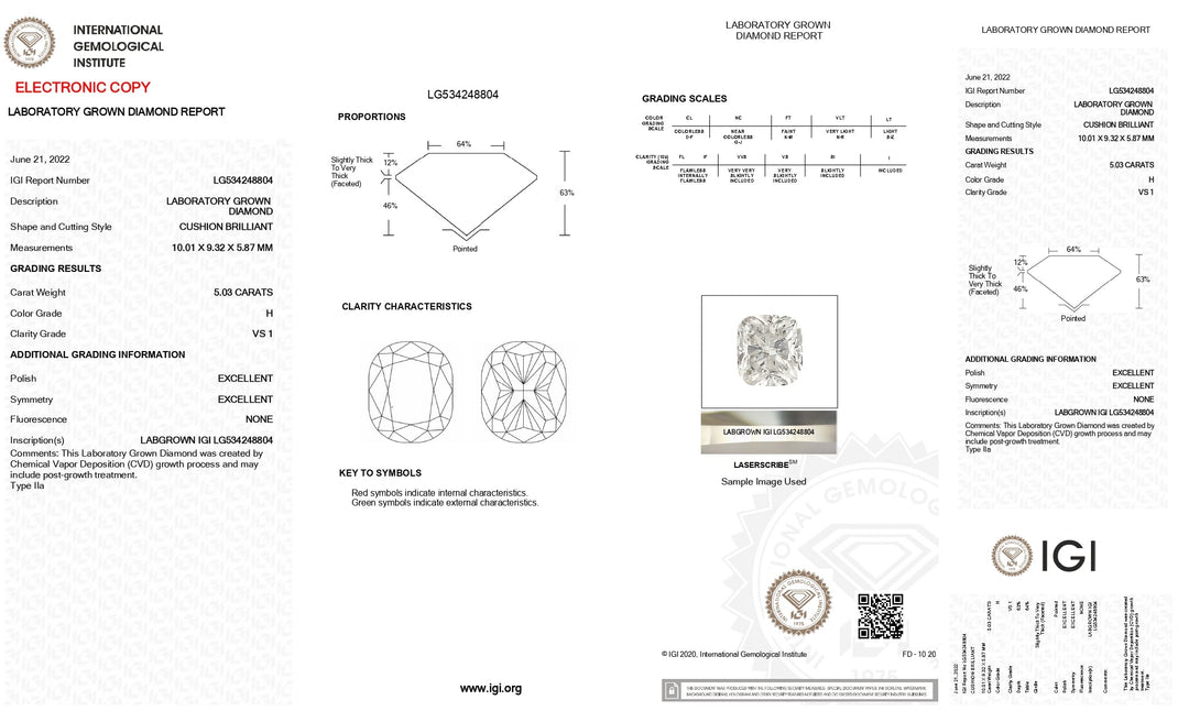 Exquisite 5.03 CT Cushion Cut Lab-Grown Diamond: IGI Certified, VS1 Clarity, H Color