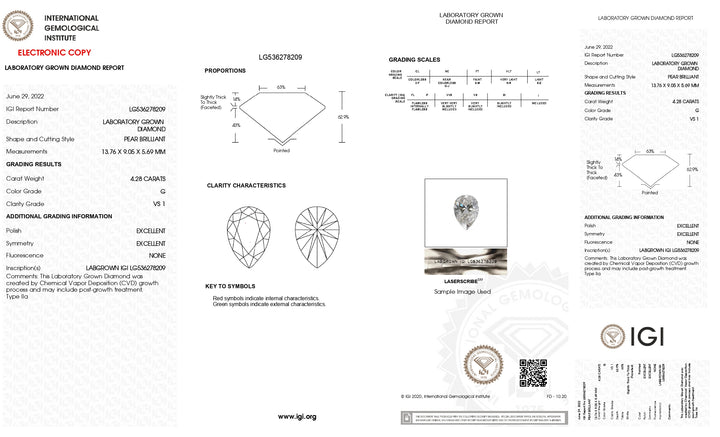 Diamant cultivé en laboratoire en forme de poire de 4,28 ct certifié IGI - Couleur G, clarté VS1