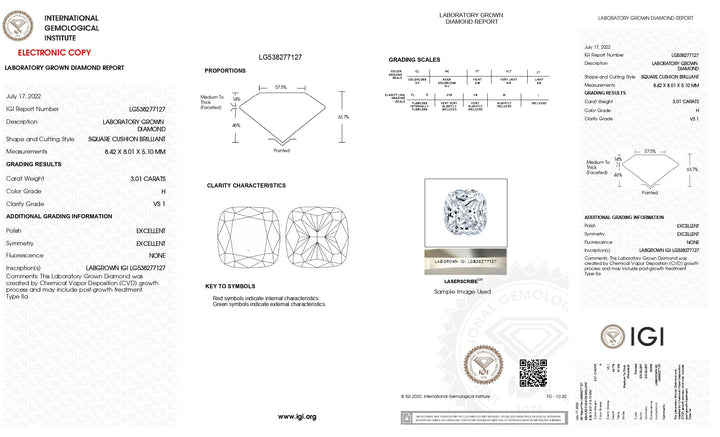 IGI Certified 3.01 Carat Cushion Cut Lab-Grown Diamond, H Color, VS1 Clarity