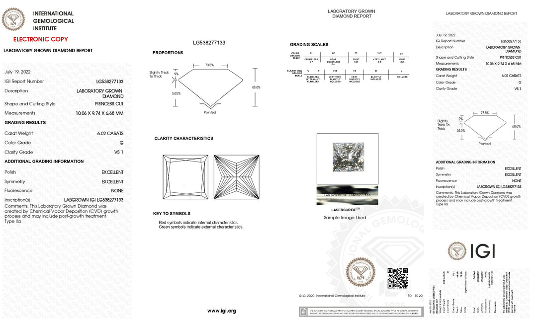 Diamante cultivado en laboratorio de talla princesa de 6,02 quilates con certificación IGI, color G, claridad VS1