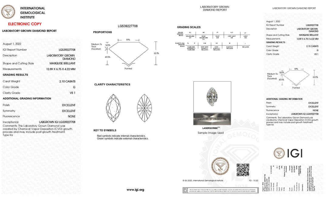 IGI Certified 2.10 Carat Marquise Cut Lab-Grown Diamond (G Color, VS1 Clarity)