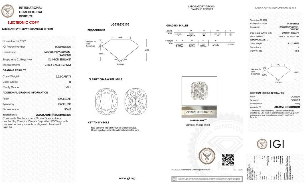 IGI-zertifizierter 3,32 Karat langer, im Kissenschliff gewachsener Diamant im Laborstil | Farbe H, Reinheit VS1