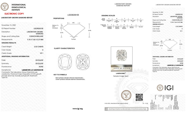 IGI-zertifizierter 3,32 Karat langer, im Kissenschliff gewachsener Diamant im Laborstil | Farbe H, Reinheit VS1