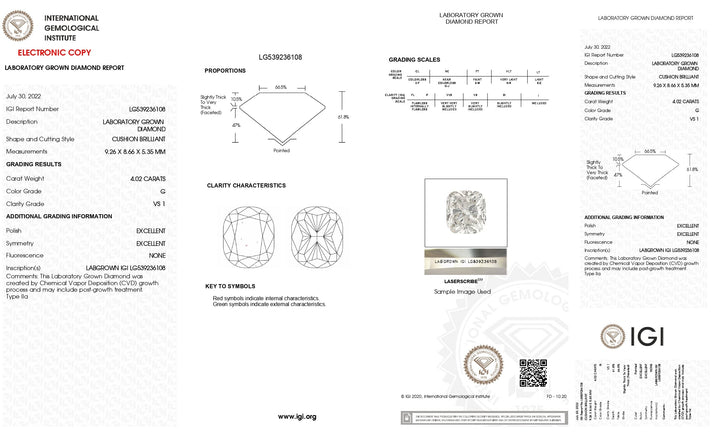 Diamant cultivé en laboratoire certifié IGI 4,02 CT taille coussin - Clarté VS1, couleur G