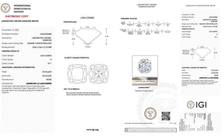 Diamant cultivé en laboratoire certifié IGI 4,06 CT taille coussin - Clarté VS1, couleur H