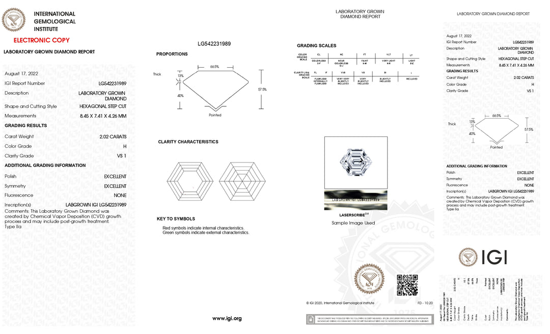 IGI Certified 2.02 CT Lab Grown Diamond, Hexagonal Cut, H Color, VS1 Clarity