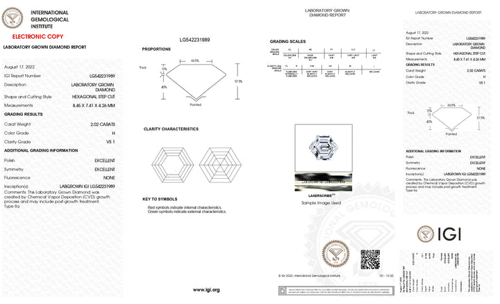 IGI-zertifizierter 2,02 Karat schwerer, im Labor gezüchteter Diamant, Hexagonalschliff, Farbe H, Reinheit VS1