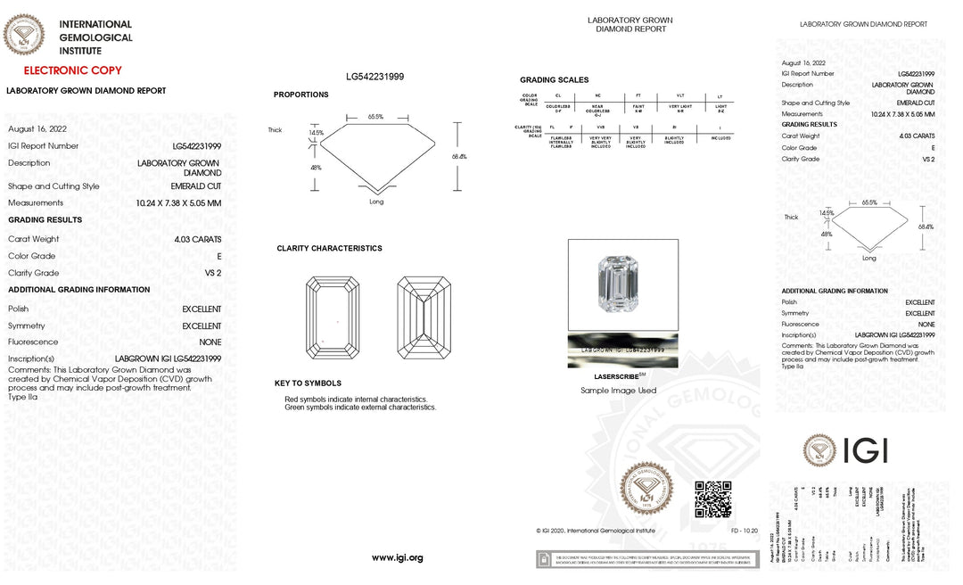 Diamant cultivé en laboratoire taille émeraude certifié IGI 4,03 CT - Clarté VS2, couleur E