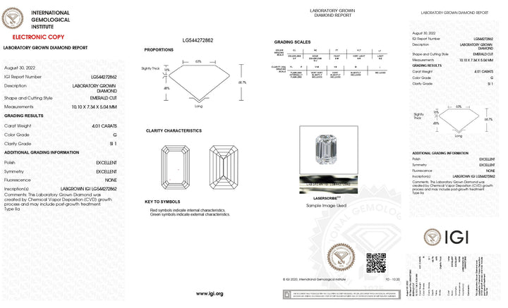 Diamant cultivé en laboratoire certifié IGI 4,01 CT G couleur SI1 taille émeraude