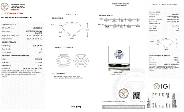 Diamant hexagonal cultivé en laboratoire certifié IGI 2,29 CT HPHT - Couleur VS2 H