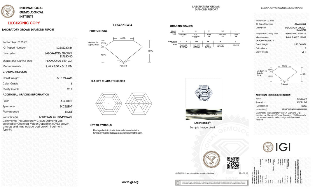 IGI-zertifizierter 3,10 Karat schwerer, im Labor gezüchteter Diamant im Hexagonalschliff | Reinheit VS1 | Farbe F