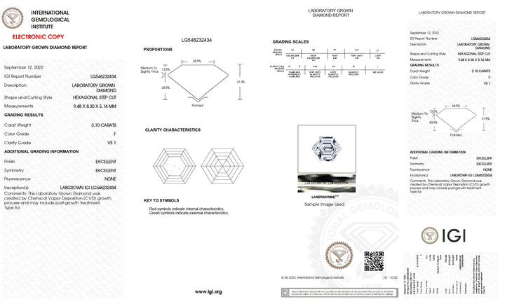 IGI-zertifizierter 3,10 Karat schwerer, im Labor gezüchteter Diamant im Hexagonalschliff | Reinheit VS1 | Farbe F