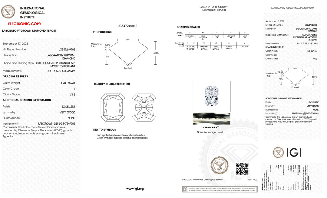 IGI-zertifizierter 1,70-Karat-Labordiamant im Radiantschliff (Farbe I, Reinheit VS2)