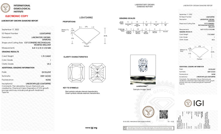 IGI Certified 1.70 Carat Radiant Cut Lab-Grown Diamond (I Color, VS2 Clarity)