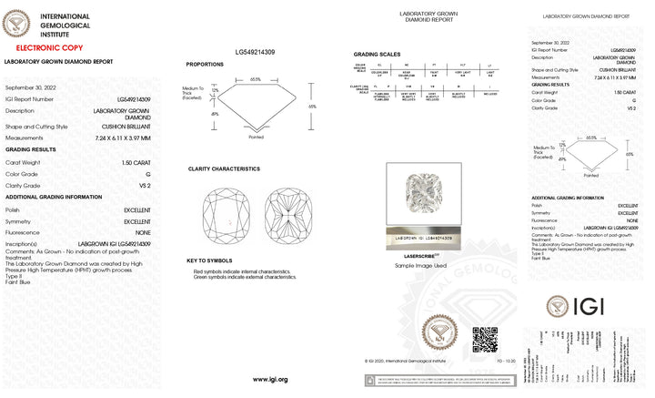IGI Certified 1.50 CT Long Cushion Cut Lab Grown Diamond | VS2 Clarity | G Color