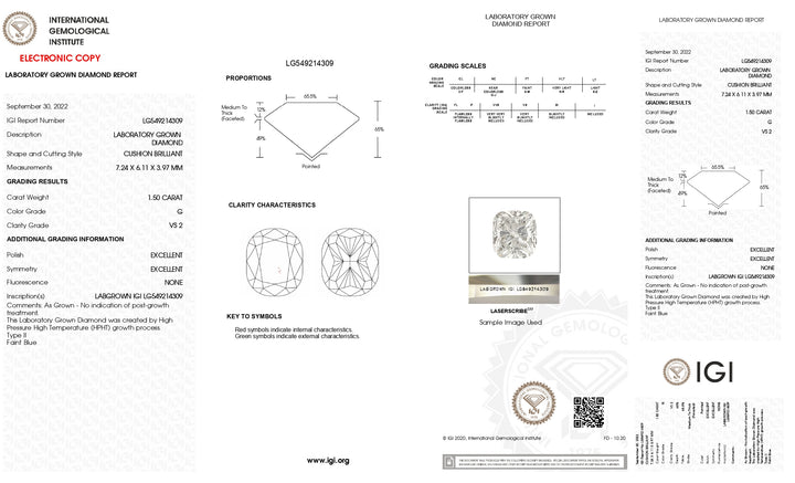 Diamant cultivé en laboratoire de 1,50 ct certifié IGI | Clarté VS2 | Couleur G