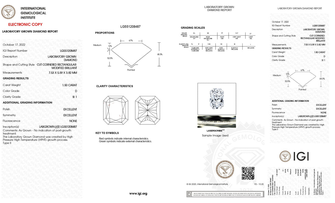 IGI Certified 1.50 CT Radiant Cut Lab Grown Diamond - D Color, Stunning SI1 Clarity