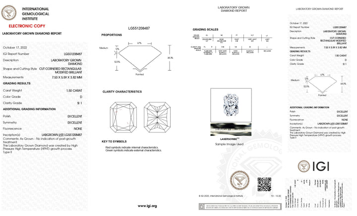 IGI Certified 1.50 CT Radiant Cut Lab Grown Diamond - D Color, Stunning SI1 Clarity