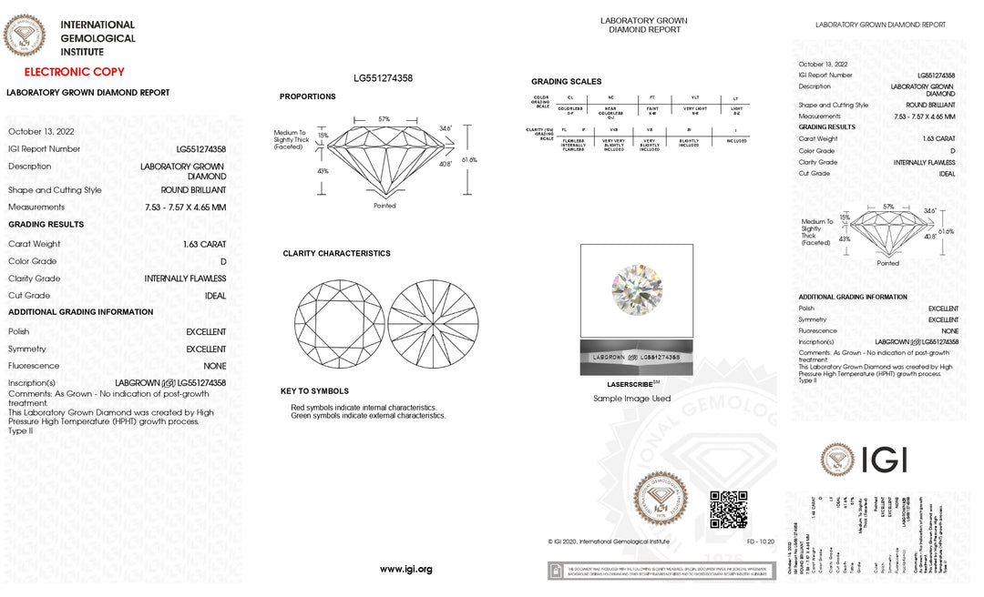 Diamant cultivé en laboratoire de 1,63 carat certifié IGI - Clarté IF, couleur D