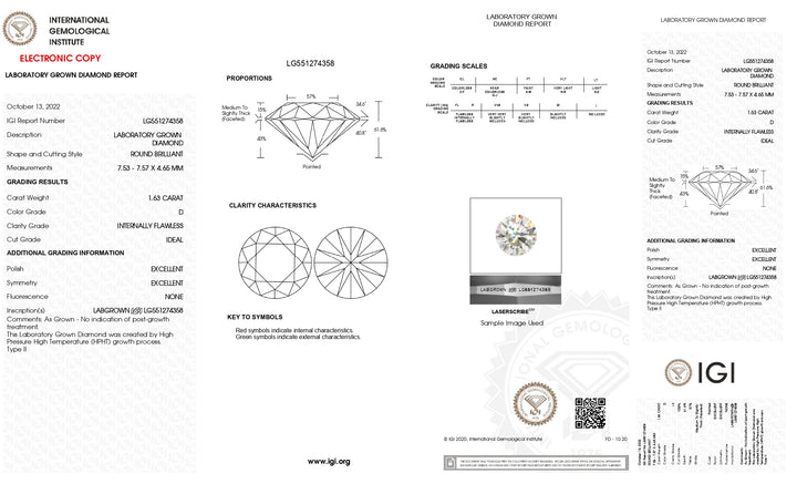 Diamant cultivé en laboratoire de 1,63 carat certifié IGI - Clarté IF, couleur D