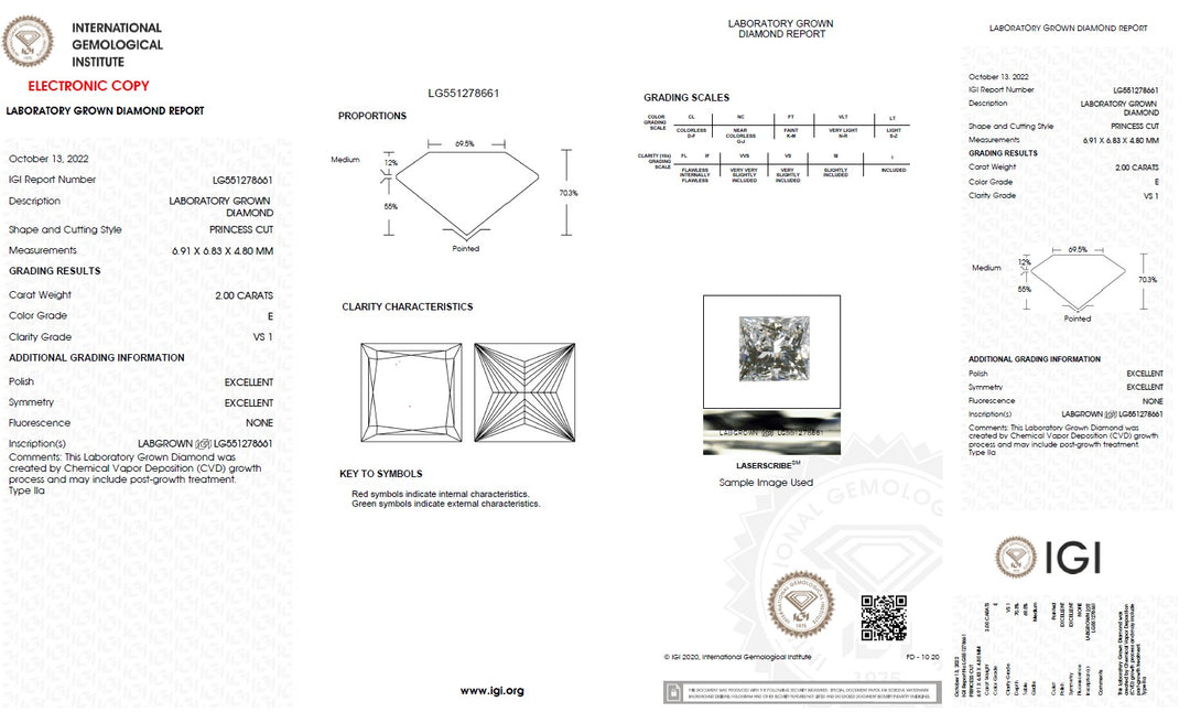 2.00 Carat Princess Lab Grown Diamond, VS1/E