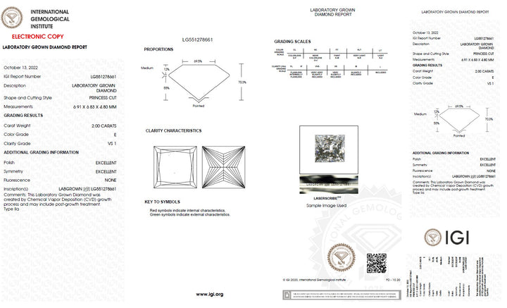 2.00 Carat Princess Lab Grown Diamond, VS1/E