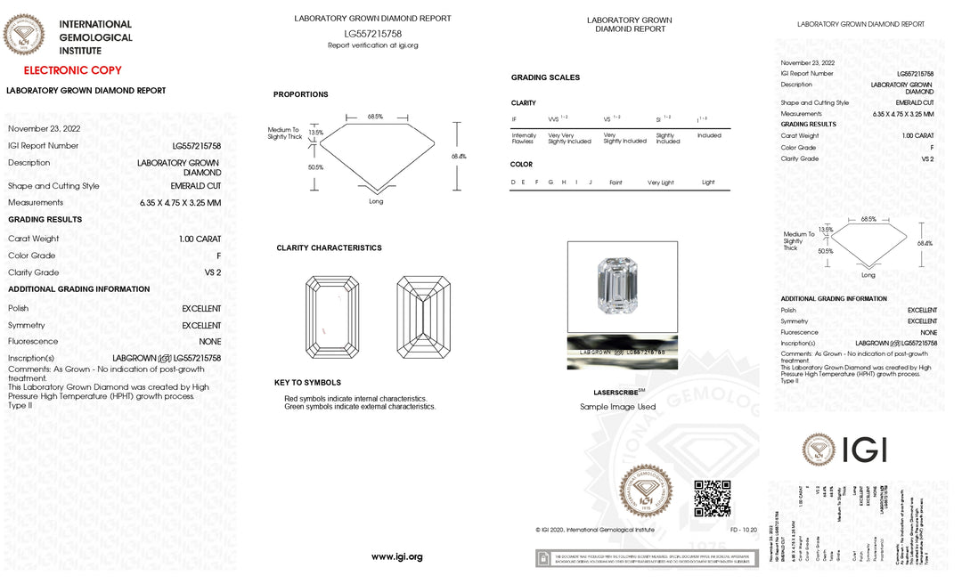 Diamant cultivé en laboratoire certifié IGI 1,00 CT taille émeraude - Couleur F, clarté VS2 brillante