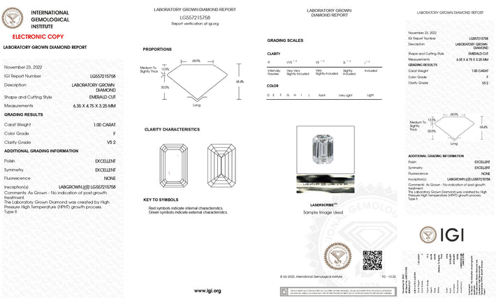 IGI -sertifisert 1,00 CT Emerald Cut Lab Grown Diamond - F Color, strålende VS2 klarhet