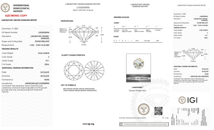 IGI-zertifizierter, runder, im Labor gezüchteter Diamant mit 10,05 Karat, Reinheit VS1, Farbe E