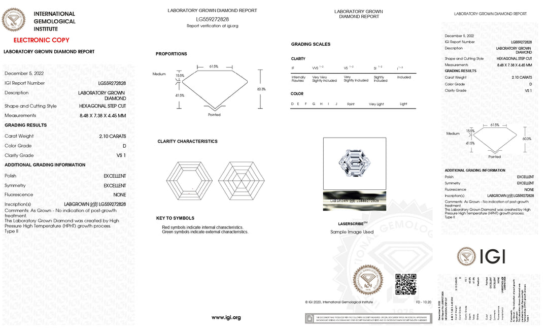 IGI Certified 2.10 CT Lab Grown Diamond, Hexagonal Cut, D Color, VS1 Clarity