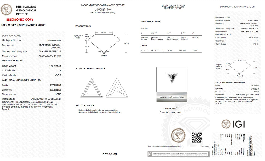 1.03 Carat Trilliant Lab Grown Diamond, VVS2/F