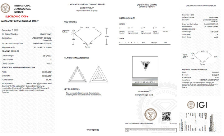1.03 Carat Trilliant Lab Grown Diamond, VVS2/F