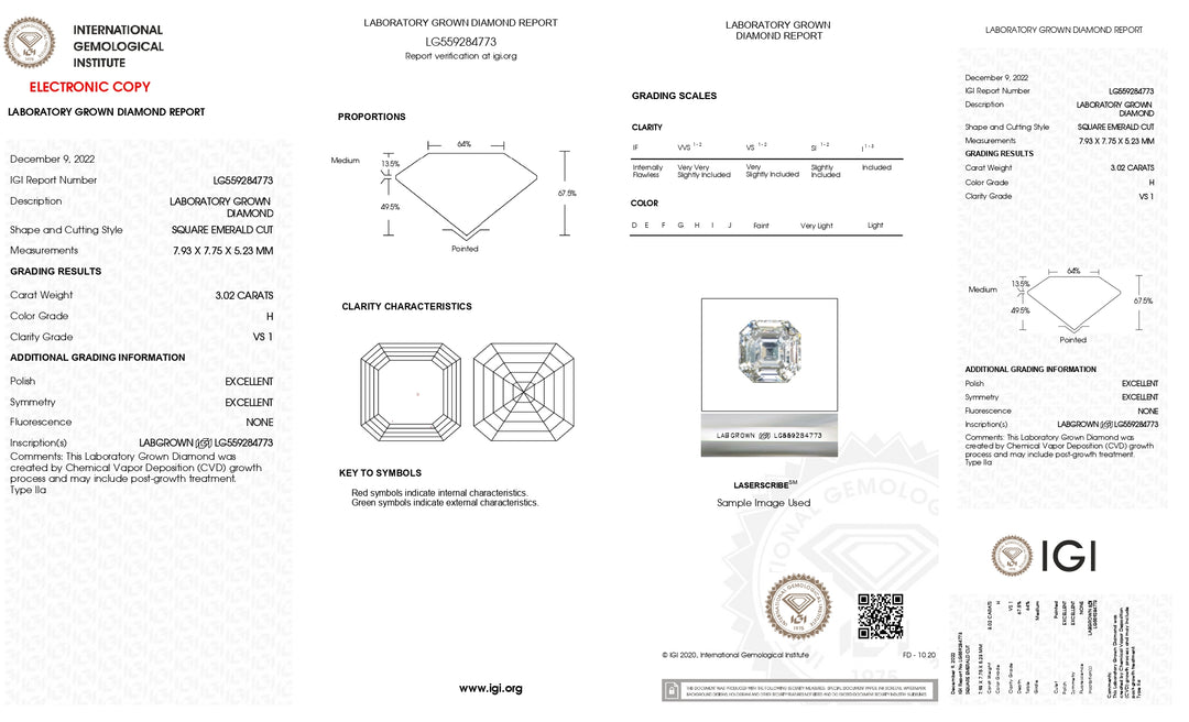 IGI-zertifizierter, im Labor gezüchteter Diamant im quadratischen Smaragdschliff (3,02 Karat, Farbe H, Reinheit VS1)