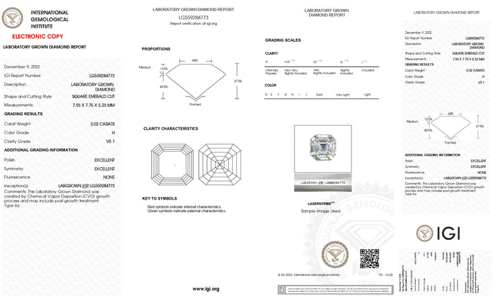 IGI-zertifizierter, im Labor gezüchteter Diamant im quadratischen Smaragdschliff (3,02 Karat, Farbe H, Reinheit VS1)