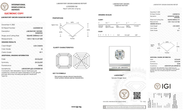 IGI-zertifizierter, im Labor gezüchteter Diamant im quadratischen Smaragdschliff (3,05 Karat, Farbe G, Reinheit VS1)