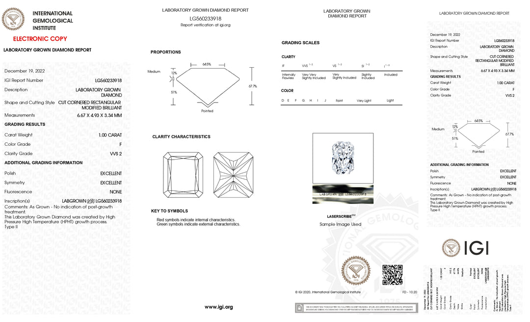 IGI Sertifikalı 1.00 CT RADIANT LAB GROWN Diamond - F Renk, VVS2 Clarity