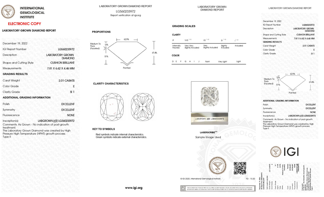 IGI Certified 2.01 Carat Long Cushion Cut Lab-Grown Diamond (E Color, SI1 Clarity)