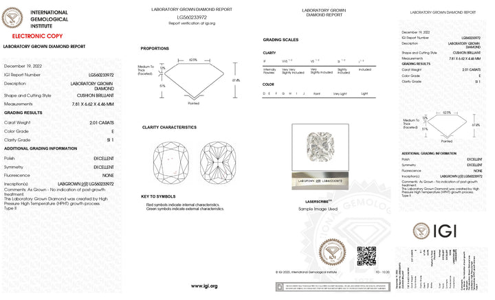 IGI Certified 2.01 Carat Long Cushion Cut Lab-Grown Diamond (E Color, SI1 Clarity)