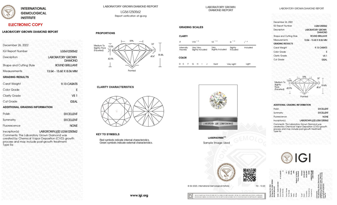 IGI-zertifizierter, runder, im Labor gezüchteter Diamant mit 9,13 Karat – Farbe E, Reinheit VS1