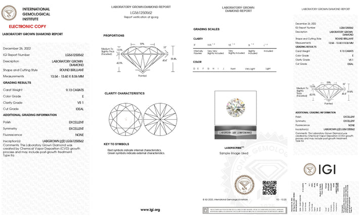 IGI-zertifizierter, runder, im Labor gezüchteter Diamant mit 9,13 Karat – Farbe E, Reinheit VS1