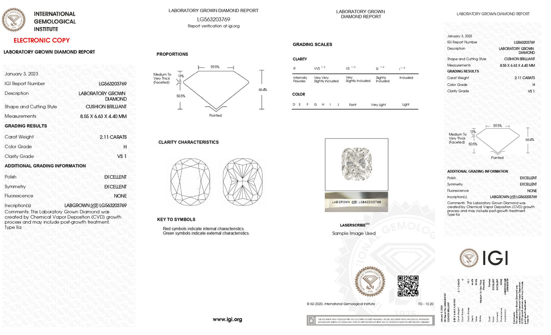 IGI Certified 2.11 Carat Long Cushion Cut Lab-Grown Diamond (H Color, VS1 Clarity)